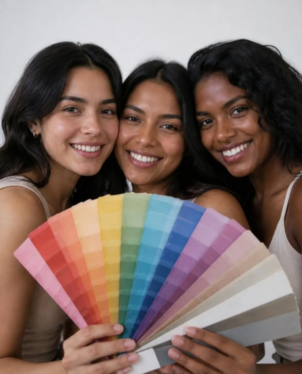 Tres mujeres de distintos tonos de piel sonríen con un abanico de muestras de color