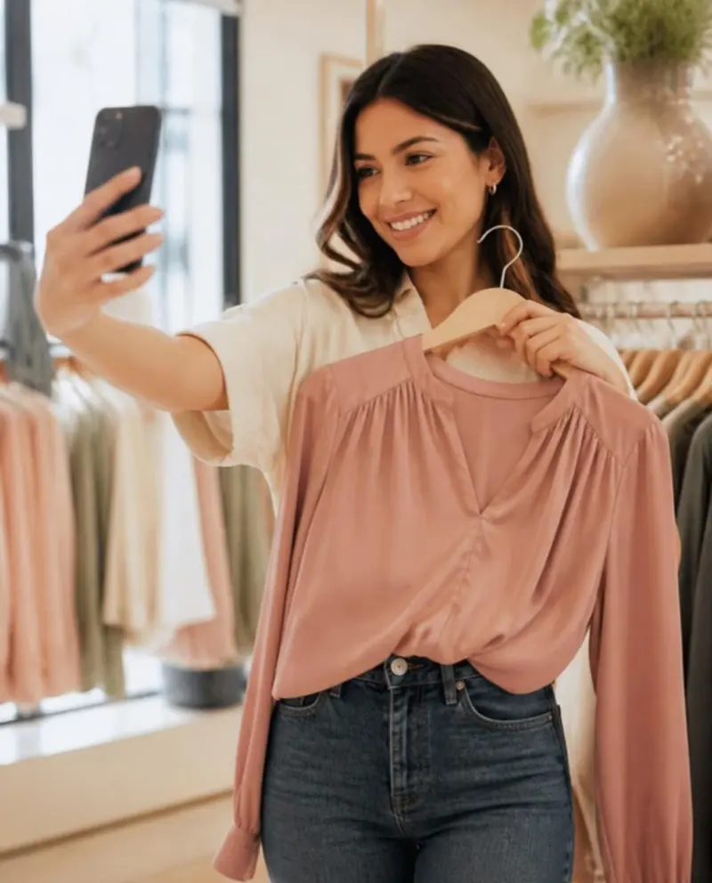 Mujer en una tienda revisa con su celular si una blusa rosa le favorece